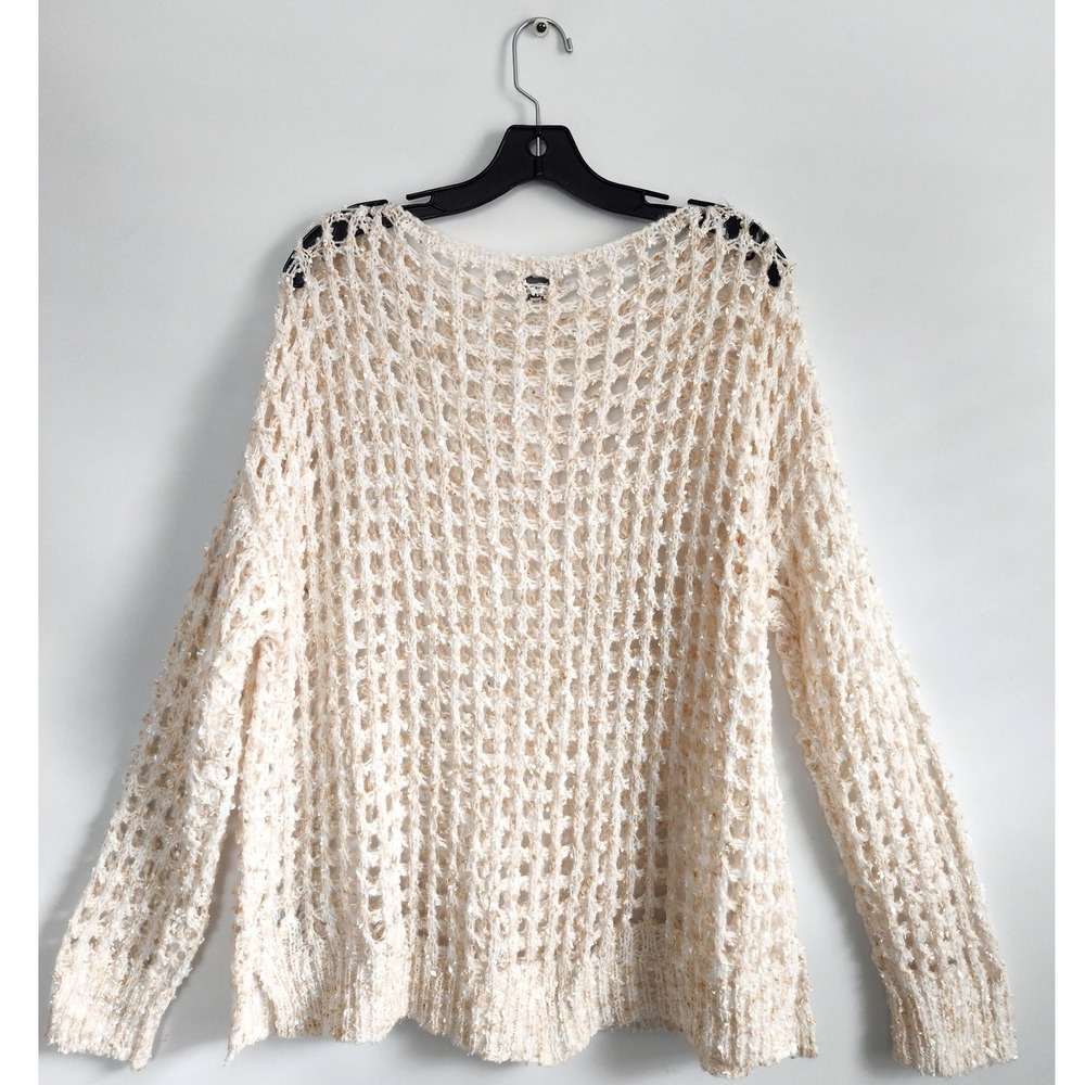 New Bke Sweater Large Crochet Eyelash Pointelle Open Knit Cream Relaxed Pullover - Picture 4 of 10